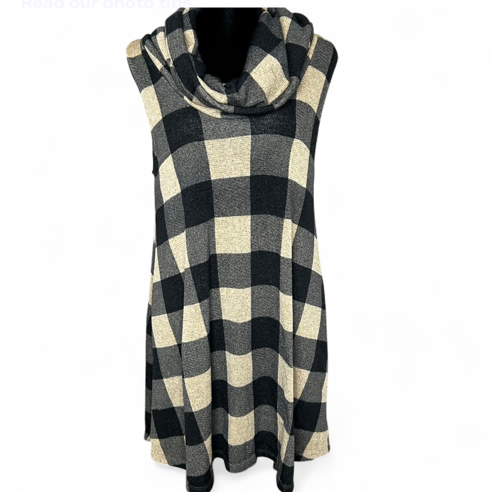 LOVELY DAY Black and Beige Pleid Cowl Neck Fabric Dress M-L Sleeveless Good Cond